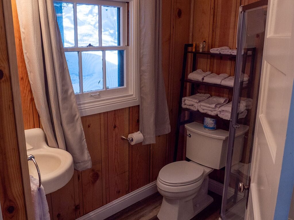 A wooden-paneled bathroom with a toilet, sink, and glass shower enclosure.