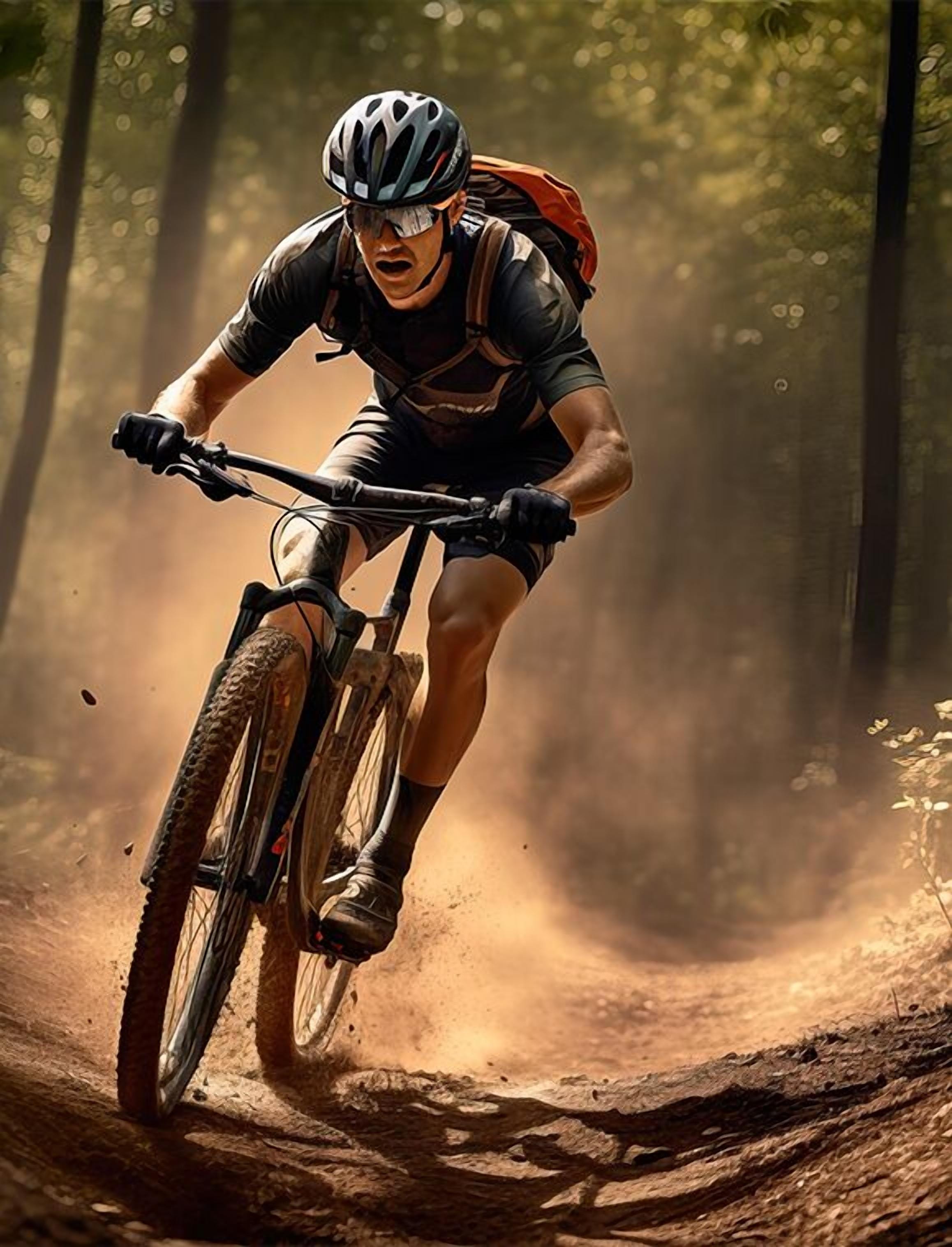 A person riding a mountain bike on a dirt trail in a forested area.