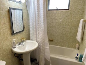 Combined shower/bathtub, hair dryer, towels