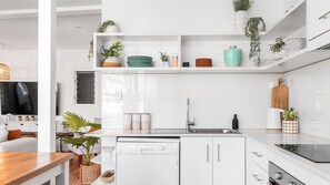 Fridge, dishwasher, coffee/tea maker, toaster