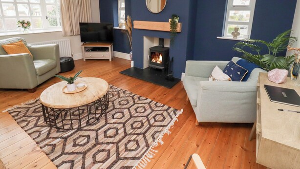 A living room with a fireplace, a television, and a sofa. - Rosedale Lodge (Alnwick)