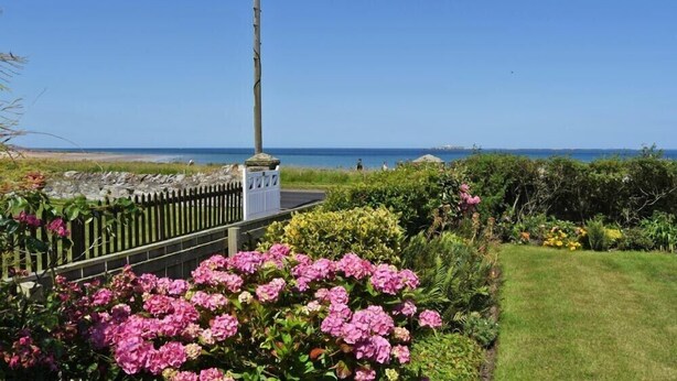 Un jardín con valla de madera, flores rosadas y vista al mar.