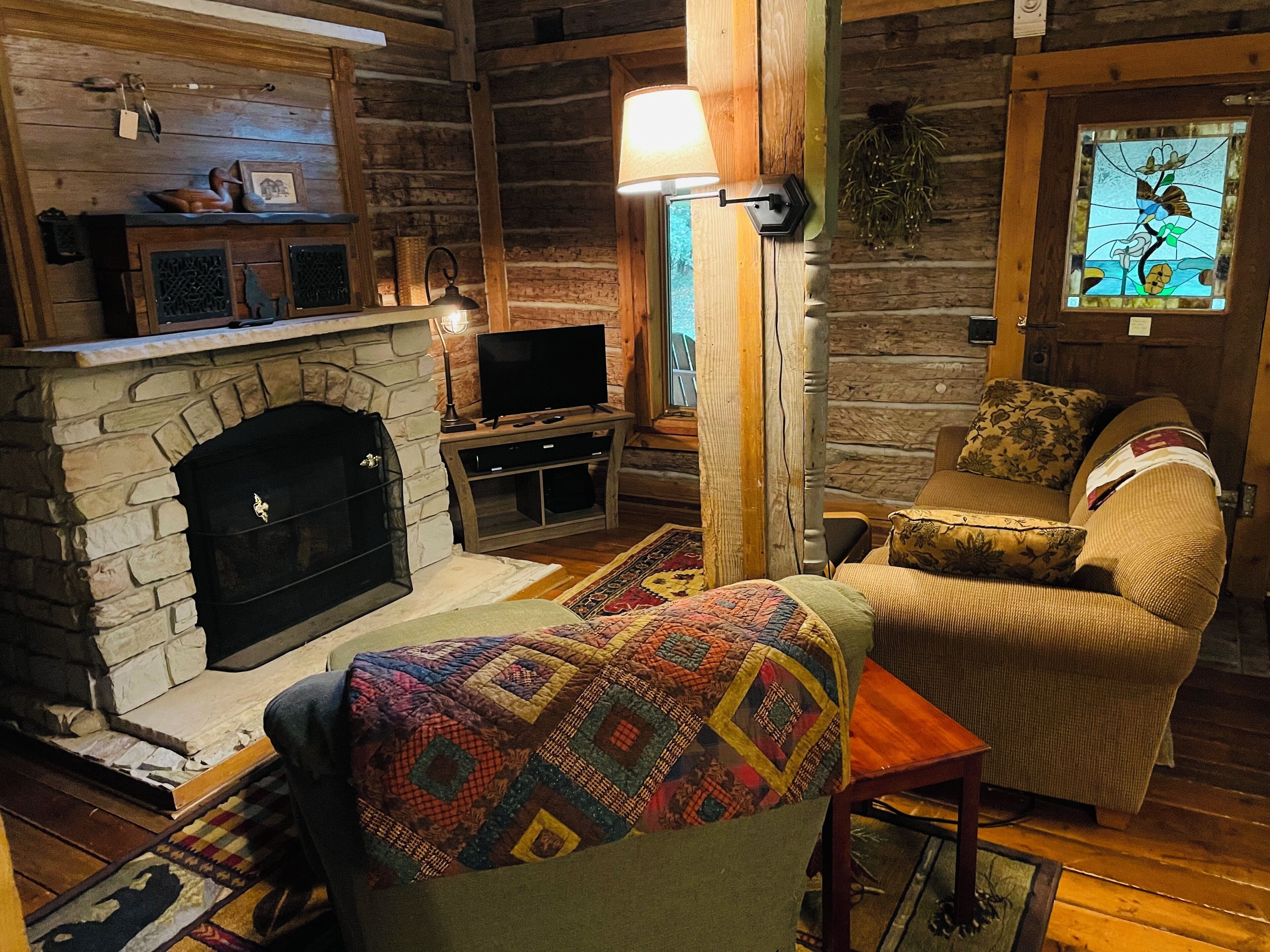 Smart TV, chimenea y libros 