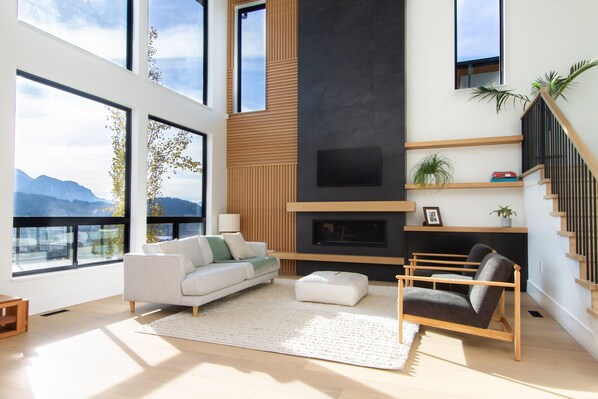 TV connectée, cheminée, livres, chaîne hi-fi