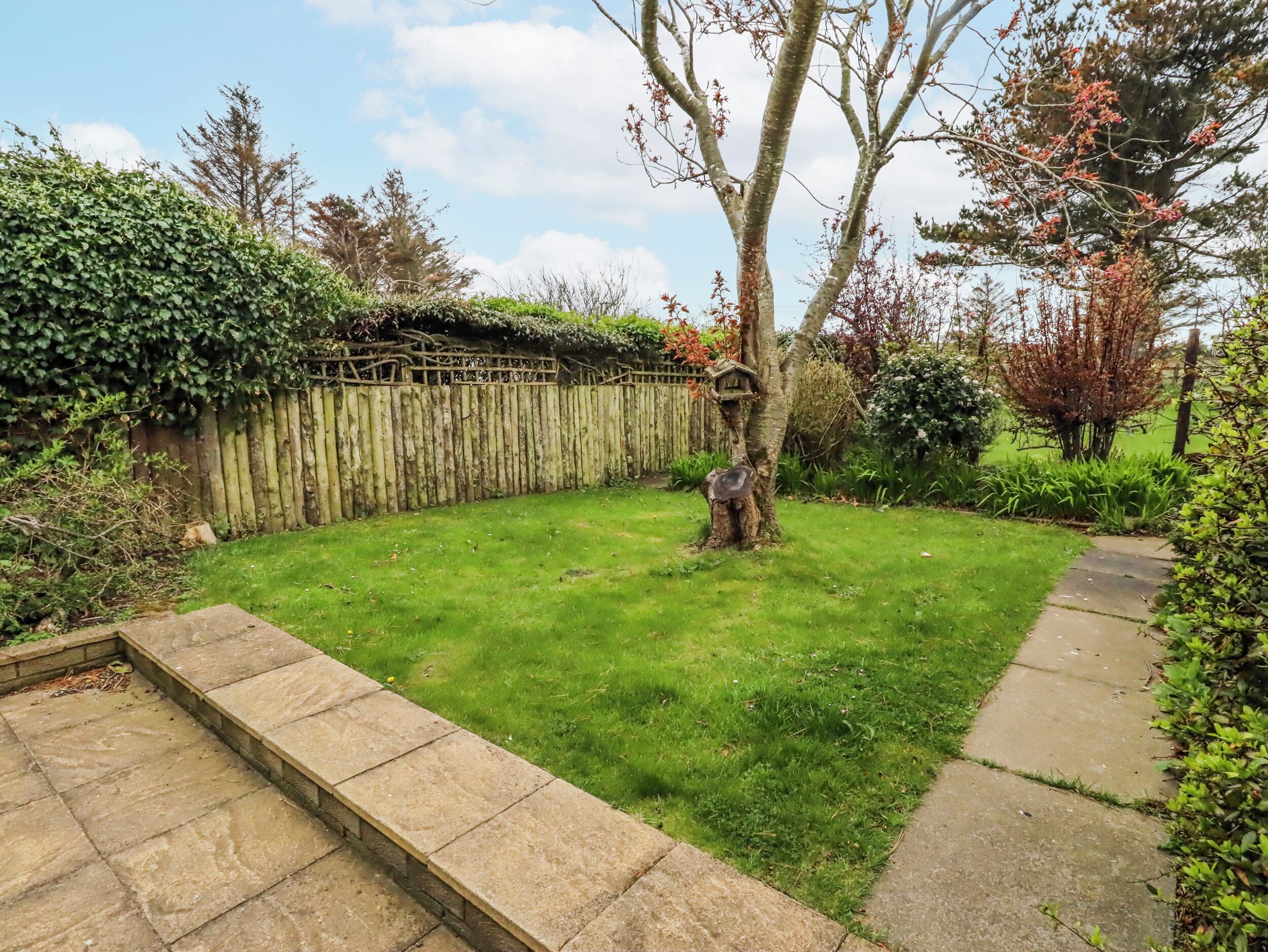 A garden with a wooden fence, a tree, and a stone pathway.