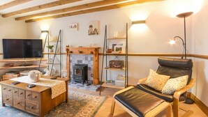 A cozy living room with a fireplace, a television, a sofa, and a wooden coffee table. - Mossyford Cottage (Alnwick)
