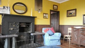 Une pièce avec une cheminée, un fauteuil bleu, des meubles en bois et des murs jaunes.