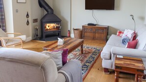 A living room with a wood-burning stove, a sofa, a television, and a patterned rug. - The Mustard Pot (Morpeth)