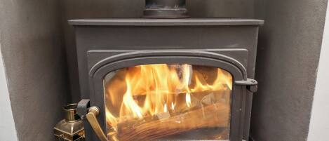 A wood-burning stove with a glass front, a brass lantern, and a chimney.