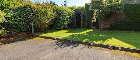 A paved driveway leading to a house with a stone facade and a well-maintained lawn.
