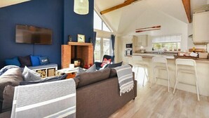 Un salon moderne avec un canapé, un téléviseur à écran plat et une cheminée.