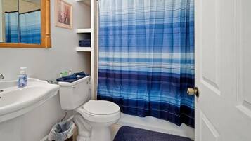 Combined shower/tub, hair dryer, towels, soap