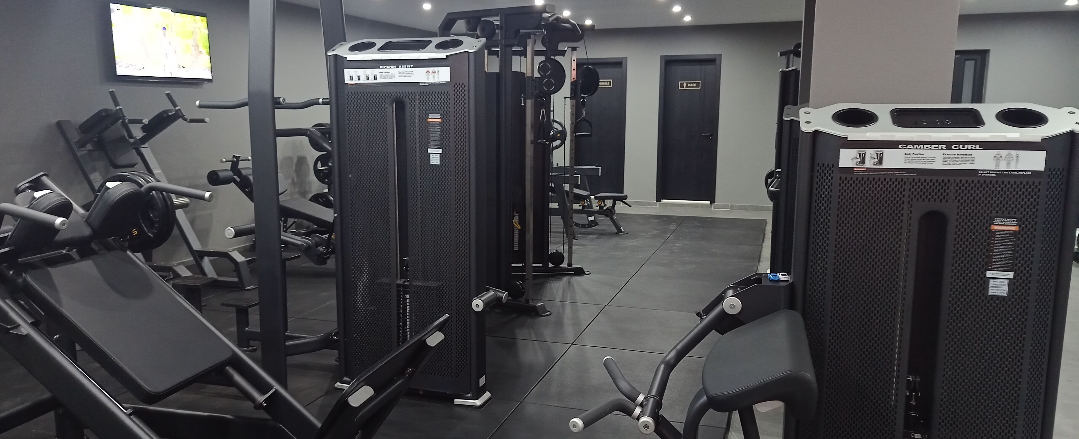 Un gimnasio con diversos equipos de ejercicio, como una barra para fondos, un rack para sentadillas y una máquina de poleas.