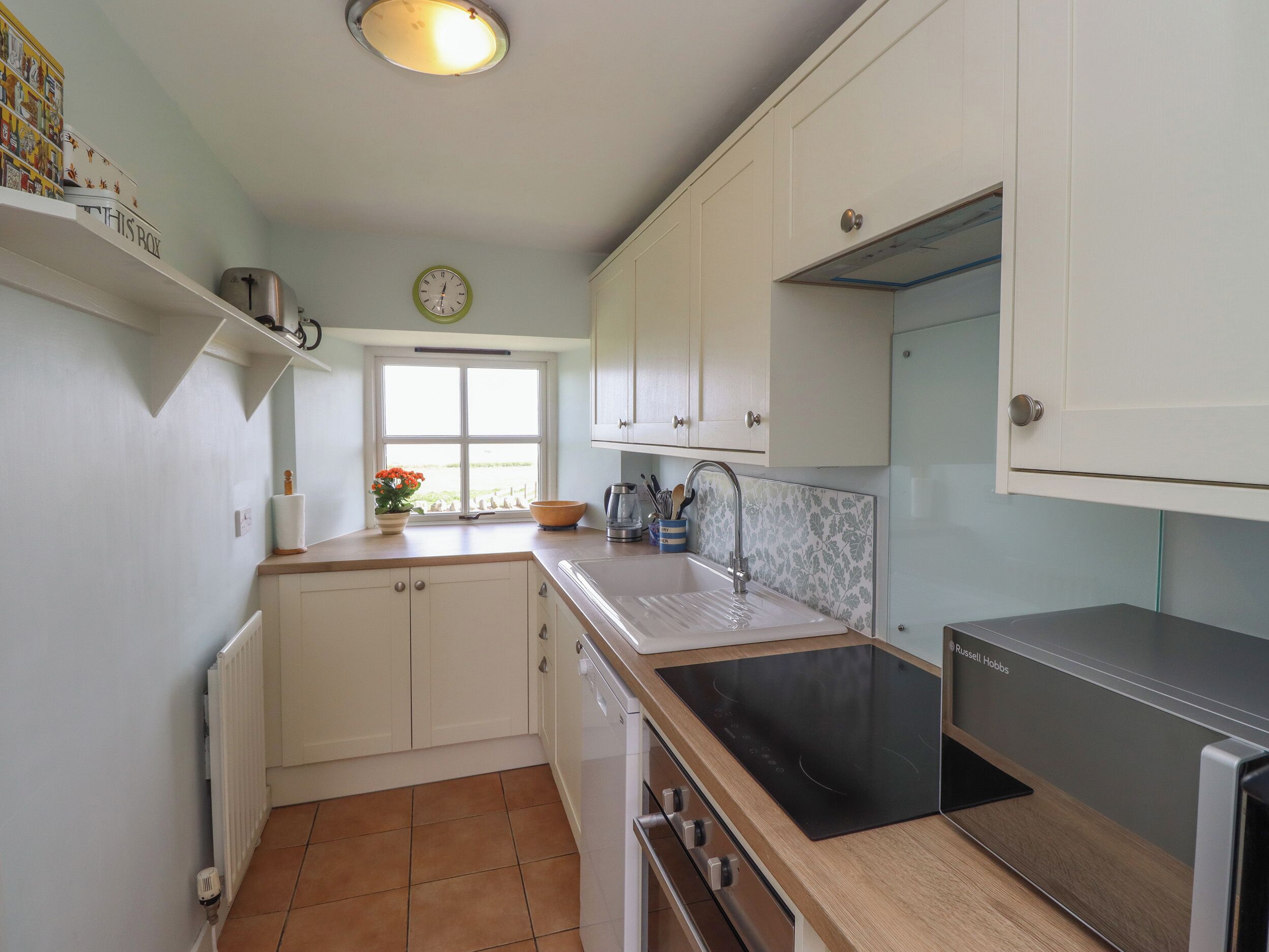 Een moderne keuken met witte kasten, een zwarte inductiekookplaat, een inbouwoven en een raam met uitzicht op groen.