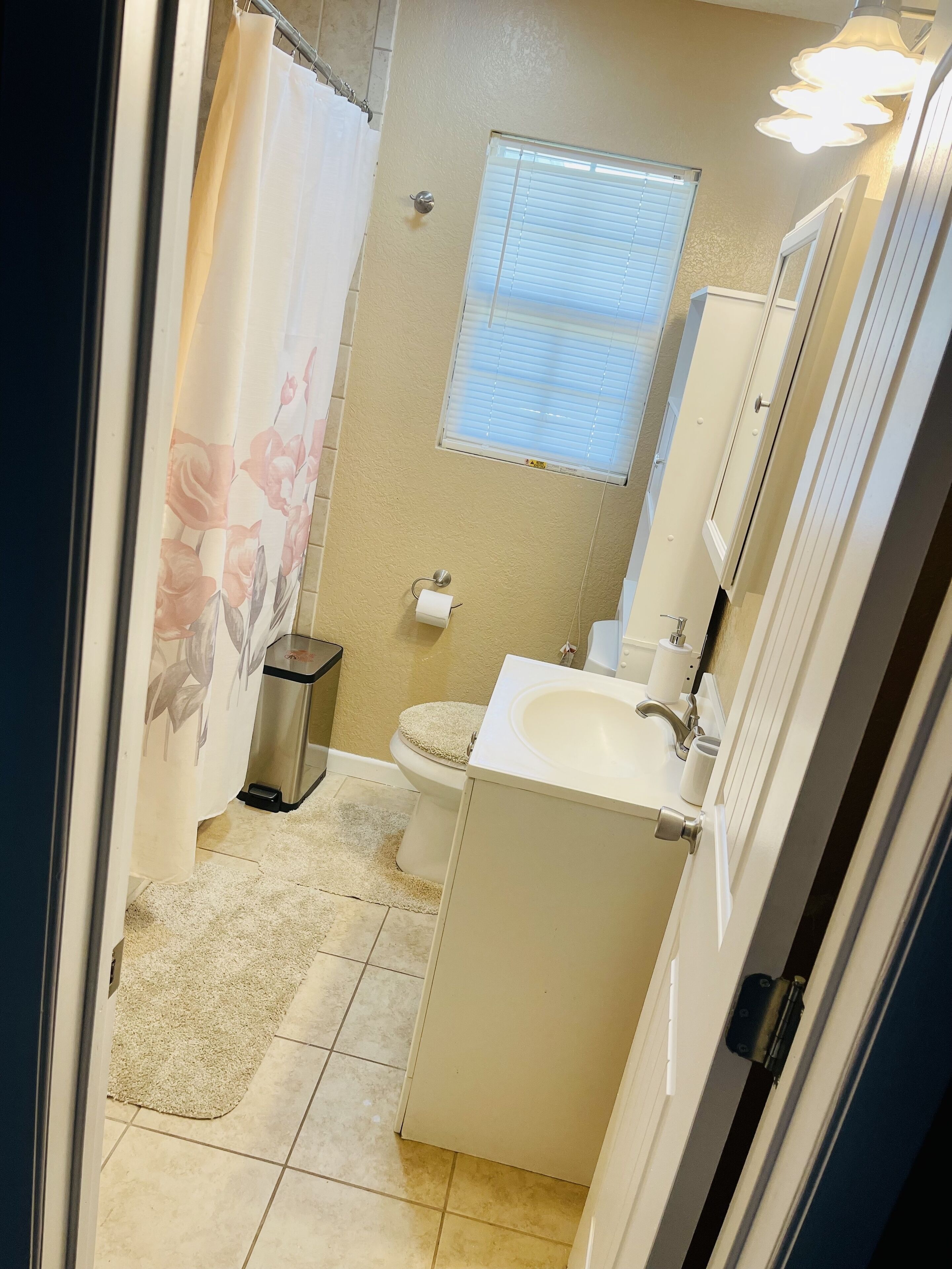 A small bathroom with a toilet, sink, and shower curtain.