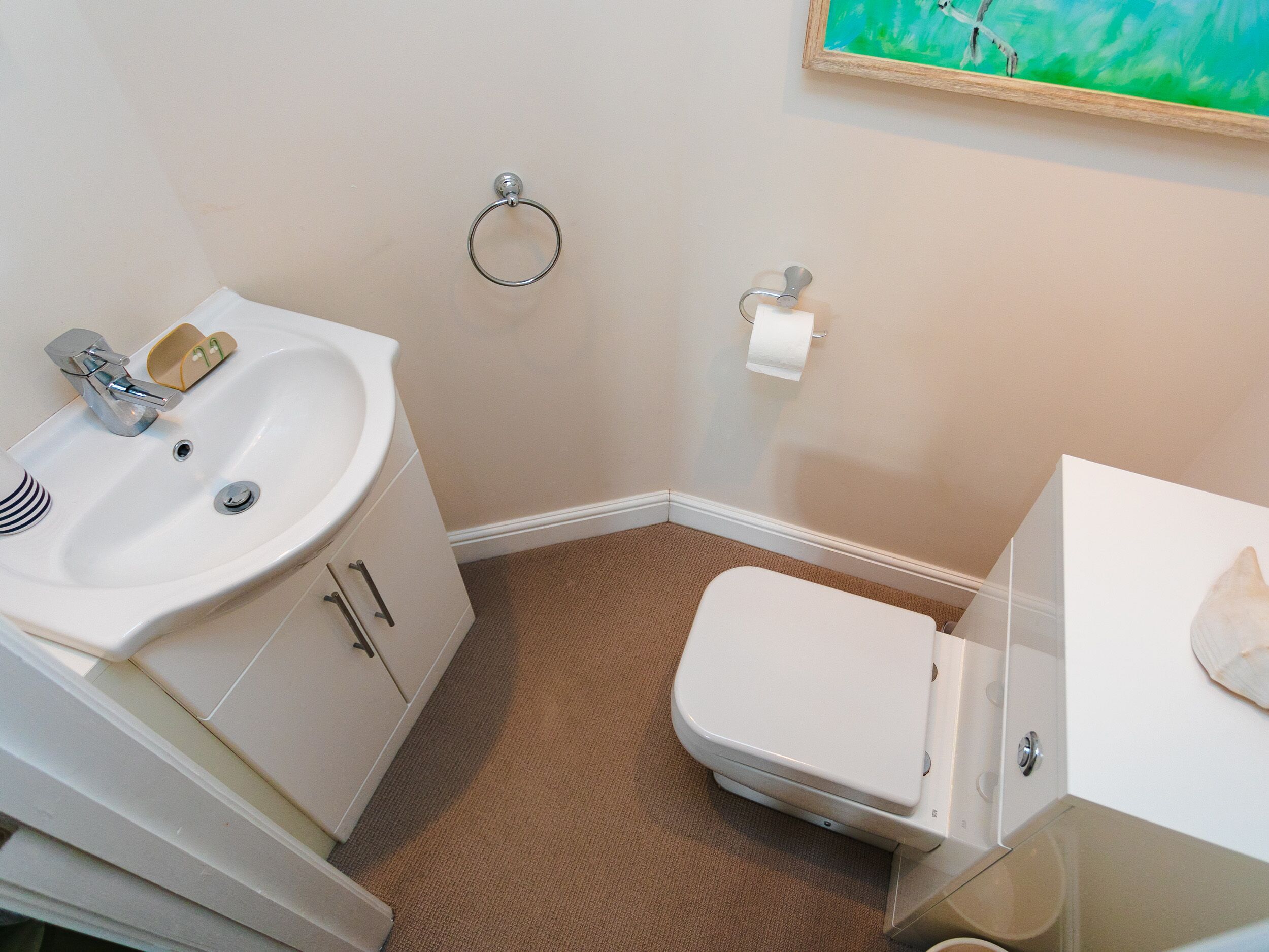 A bathroom with a sink, toilet, and a towel ring on the wall.