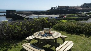 A picnic table with a pot, a bottle, and a glass on it, surrounded by greenery and overlooking a coastal area with buildings and a sea wall. - Creel Cottage, Craster (Alnwick)