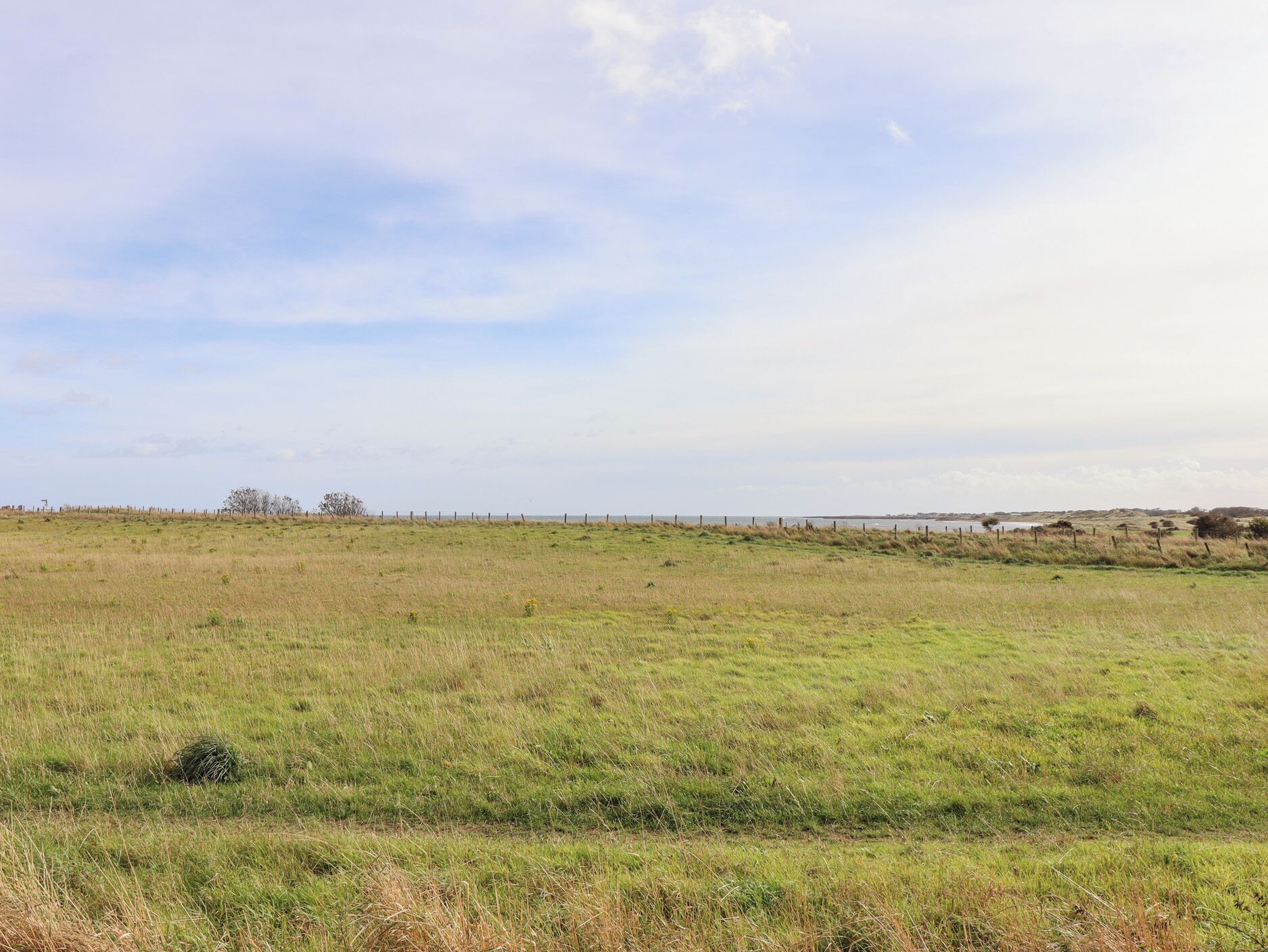 A flat, open field with a fence in the distance and a body of water beyond.