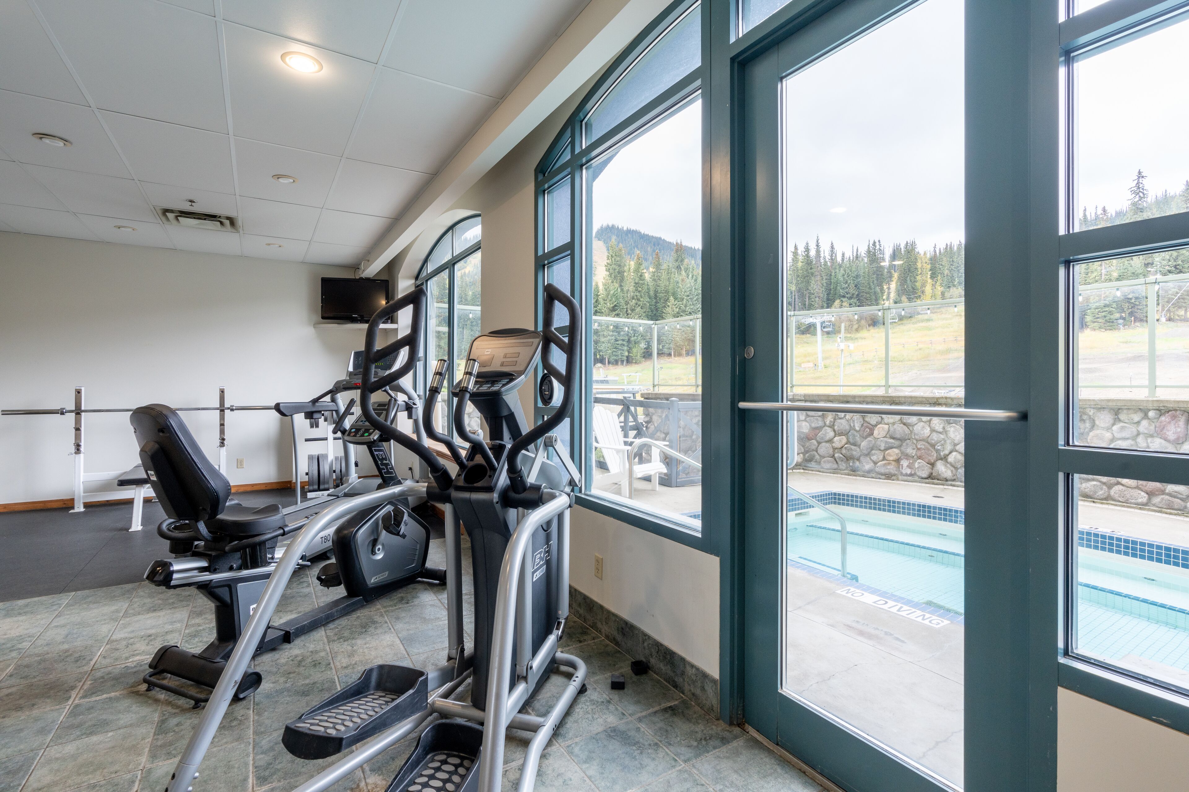 Ein Fitnessraum mit Cardiogeräten und Blick auf einen Swimmingpool.