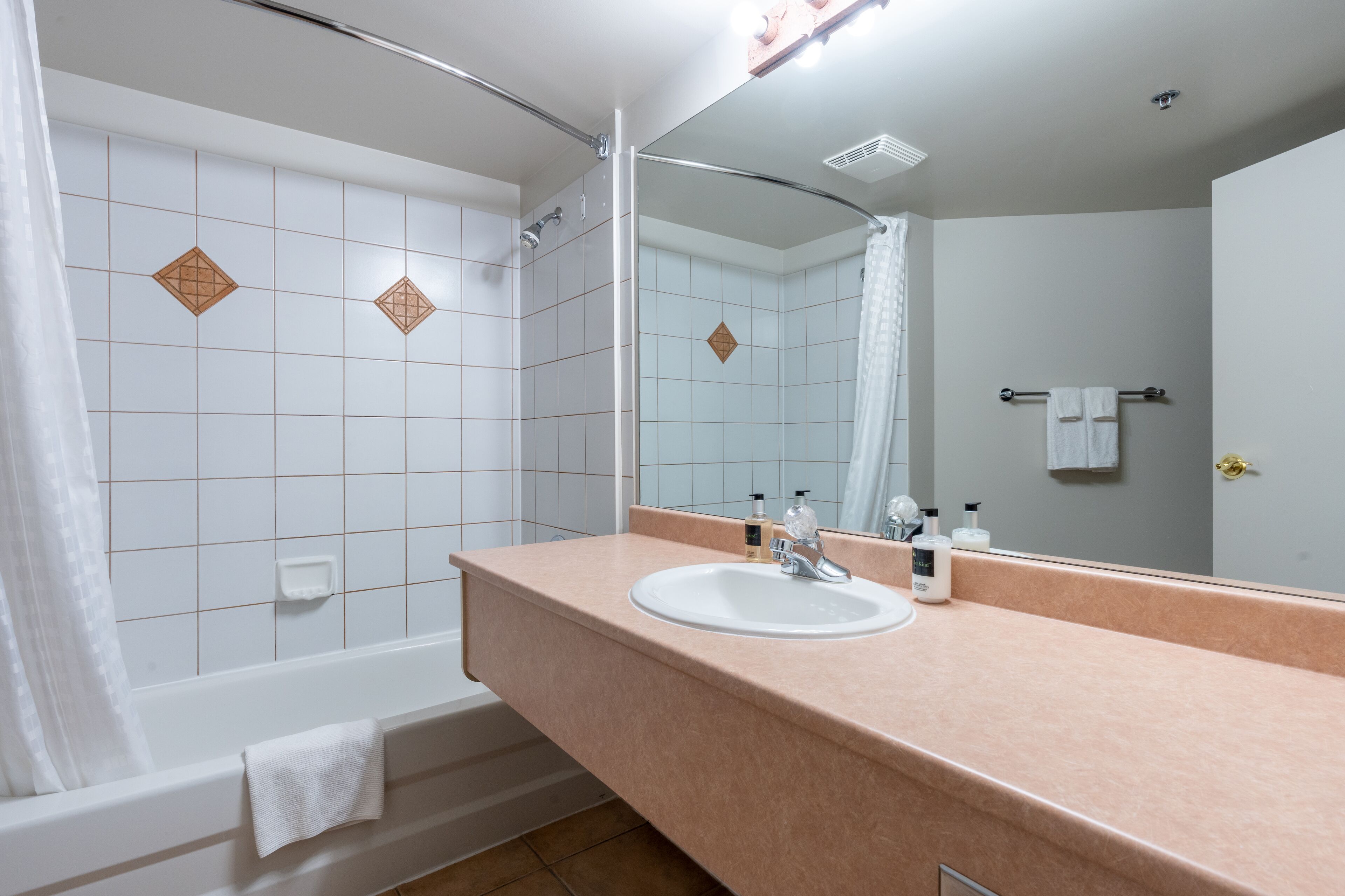 Une salle de bain avec une baignoire blanche, un lavabo avec un miroir au-dessus et un rideau de douche.