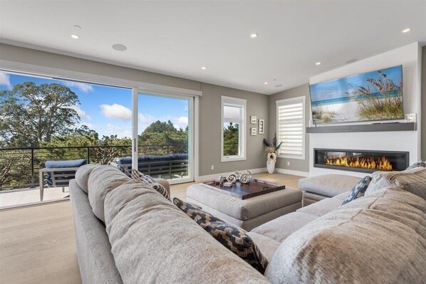 Smart TV, fireplace, books