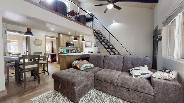 Flat-screen TV, fireplace