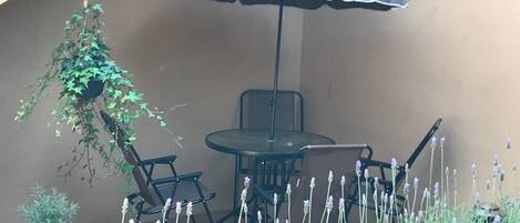 A patio with a table and chairs, a hanging plant, and a potted plant.