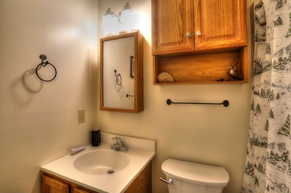 A bathroom with a wooden cabinet, a mirror, a sink, and a toilet. - Saddleback - White Birch 74 - GREAT ski-in/out (Sandy River Plantation)