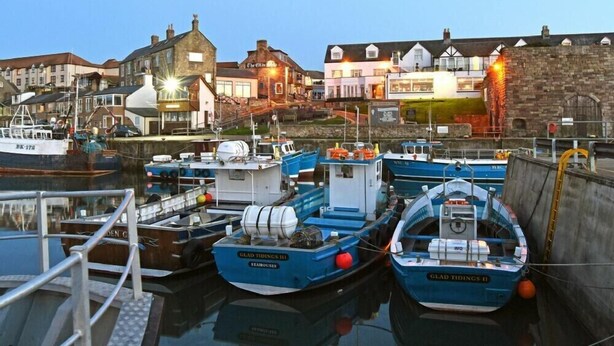 A harbor with boats docked, a stone wall, and buildings with traditional architecture. - The Bolthole (Seahouses)