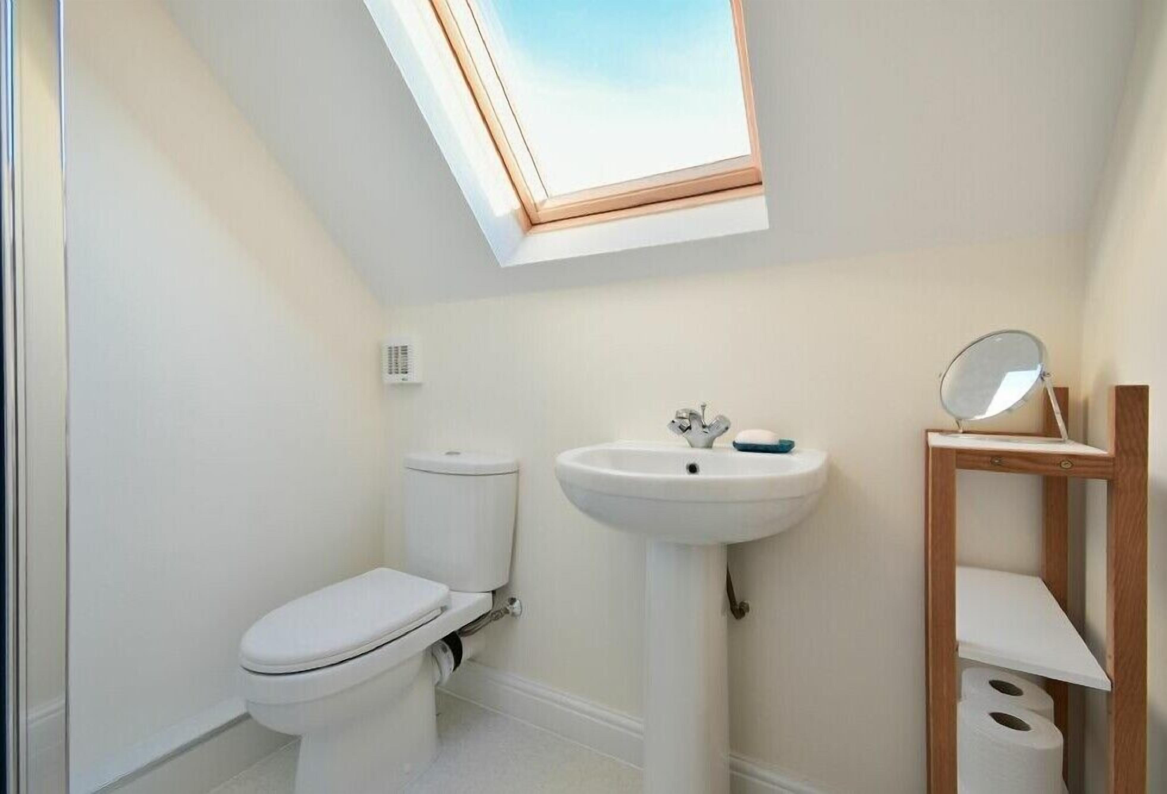 A small, clean bathroom with a skylight, a toilet, a sink, and a wooden shelf with a mirror.