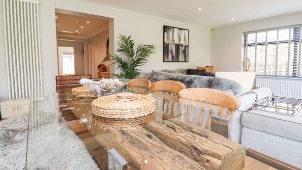 Una sala moderna con una mesa de comedor de vidrio, sillas de madera, un sofá gris y una planta grande.