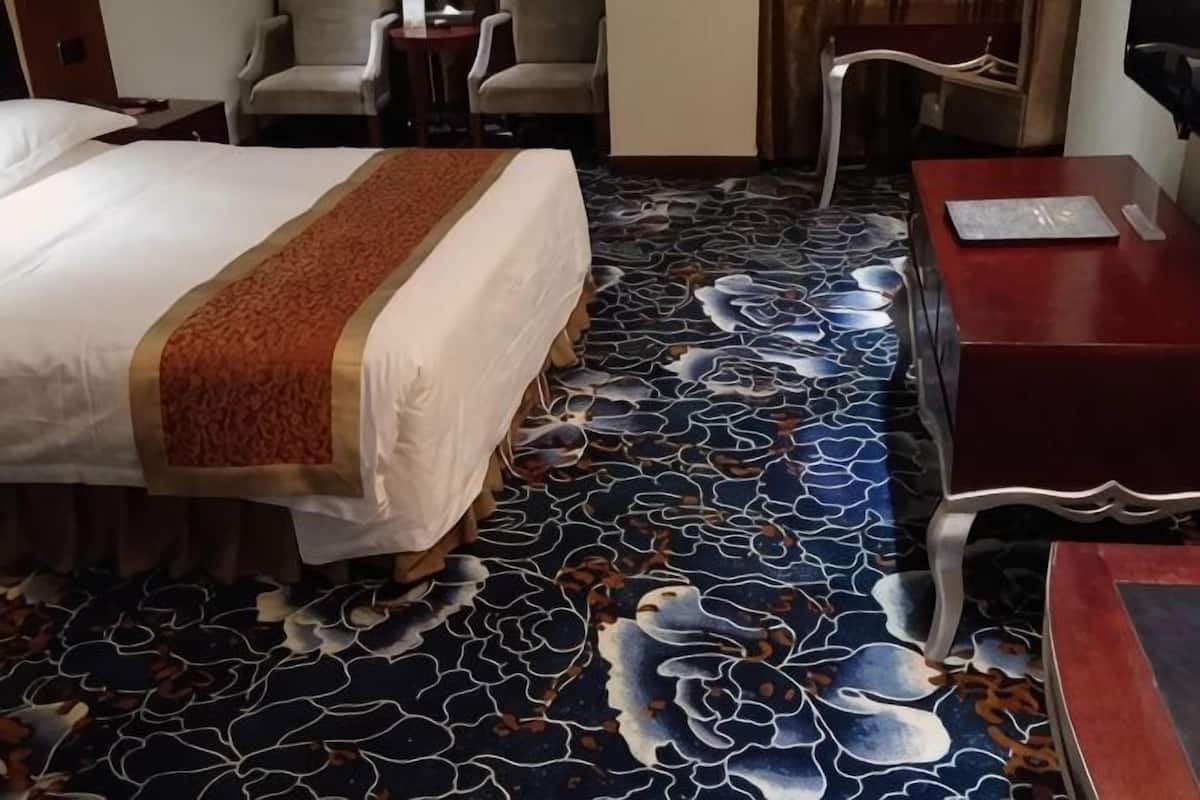 A hotel room with a bed, a desk, and a chair.