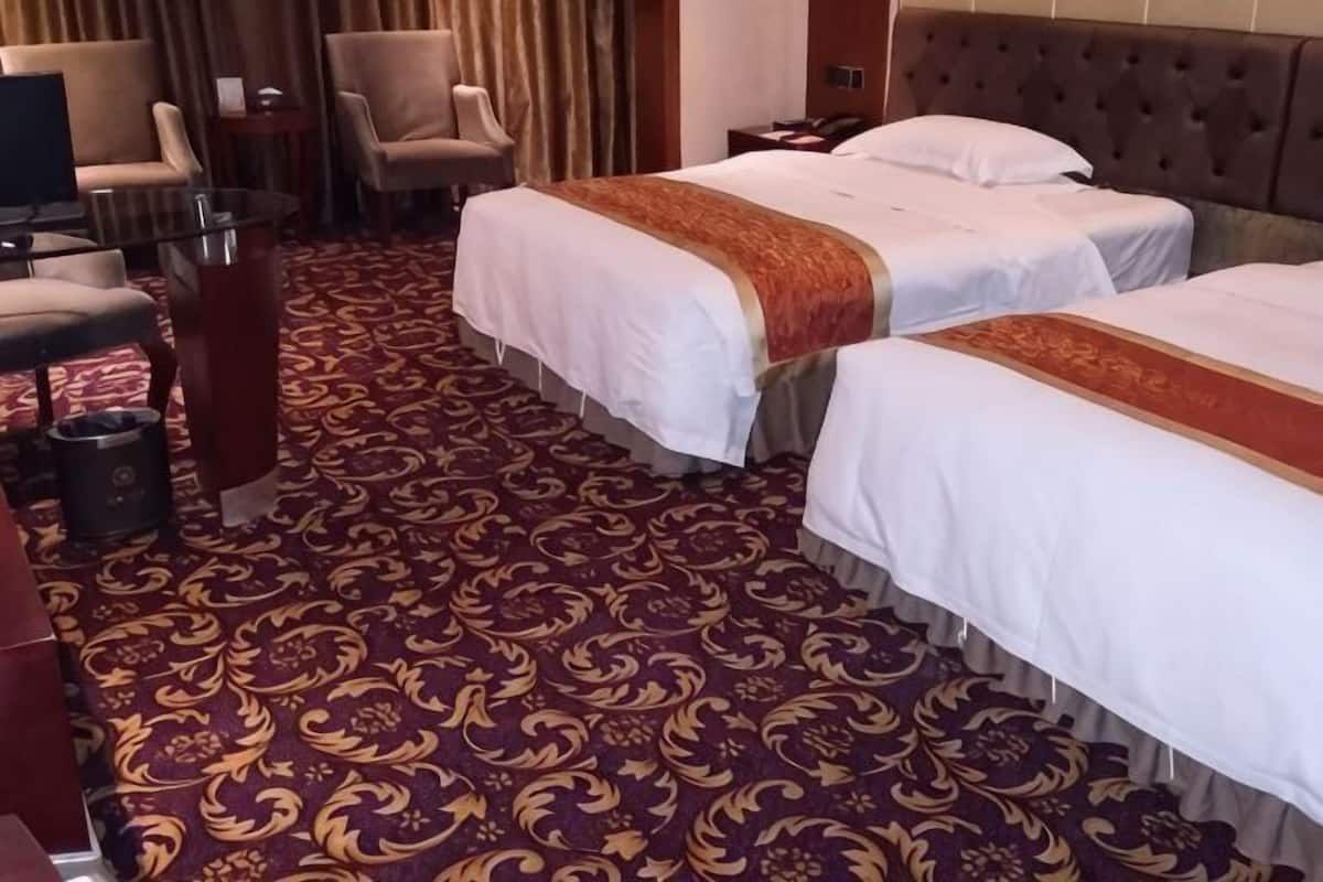 A hotel room with two beds, a carpeted floor, a desk with a chair, and a television.