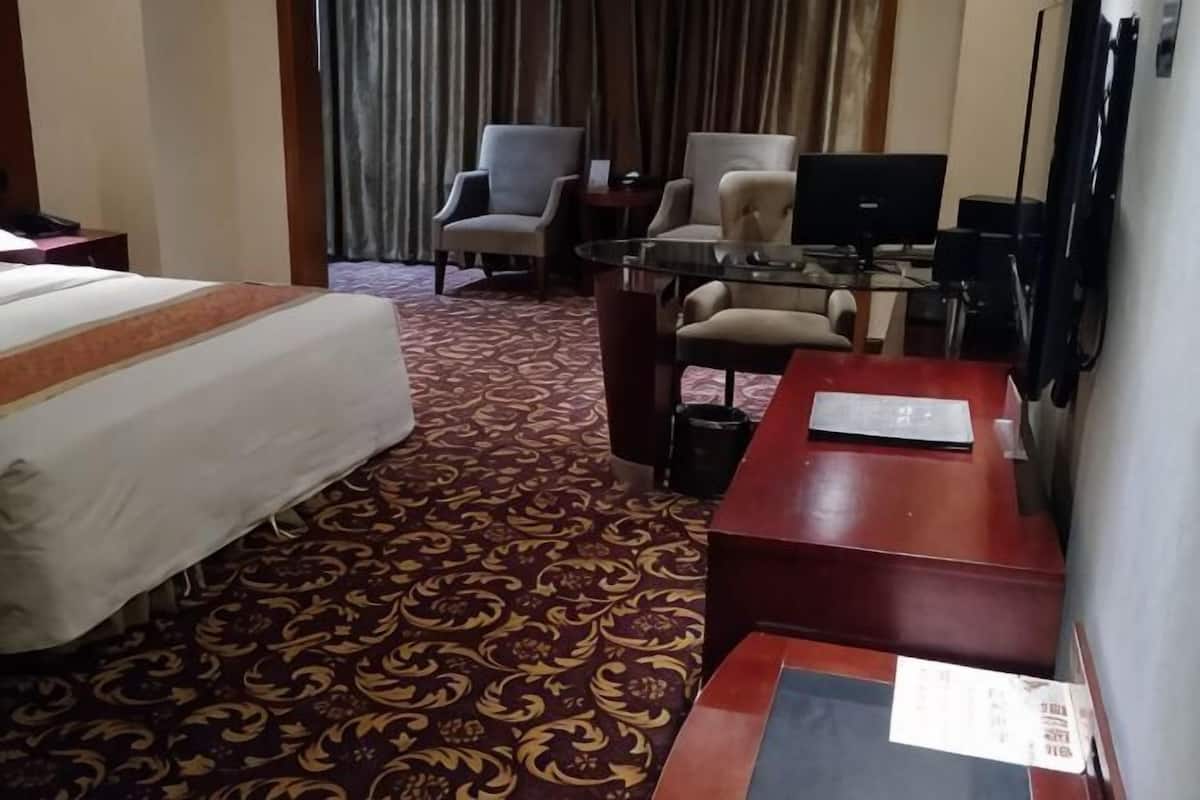 A hotel room with a bed, a desk, a chair, a television, and a carpeted floor.