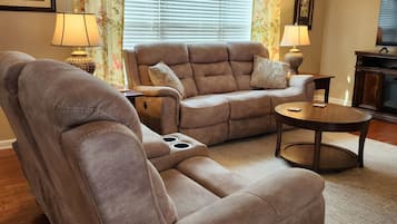 TV connectée, cheminée, lecteur de DVD, livres