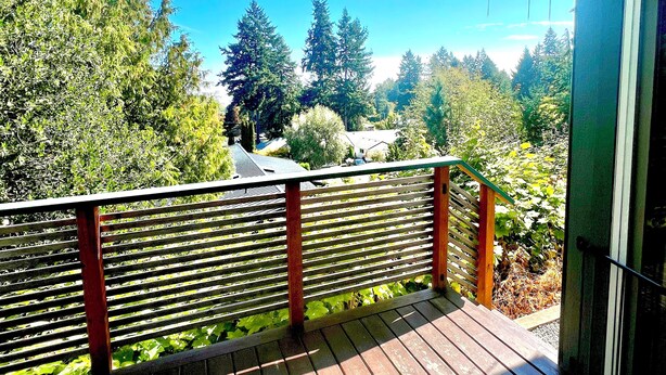 Eine Holzdielen-Terrasse mit Metallgeländer, mit Blick auf eine bewaldete Gegend mit hohen Bäumen und blauem Himmel.
