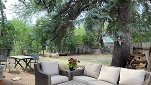 Un espace extérieur aménagé en terrasse, avec des meubles en osier, une table et une plante en pot.
