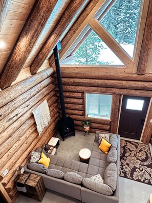 Smart TV, fireplace, books, stereo