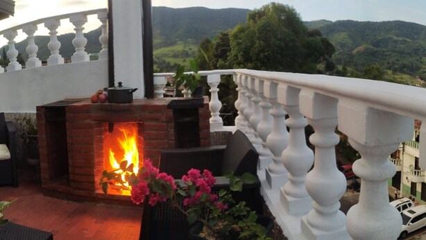 Un patio con chimenea de ladrillo, mobiliario exterior y plantas en macetas.