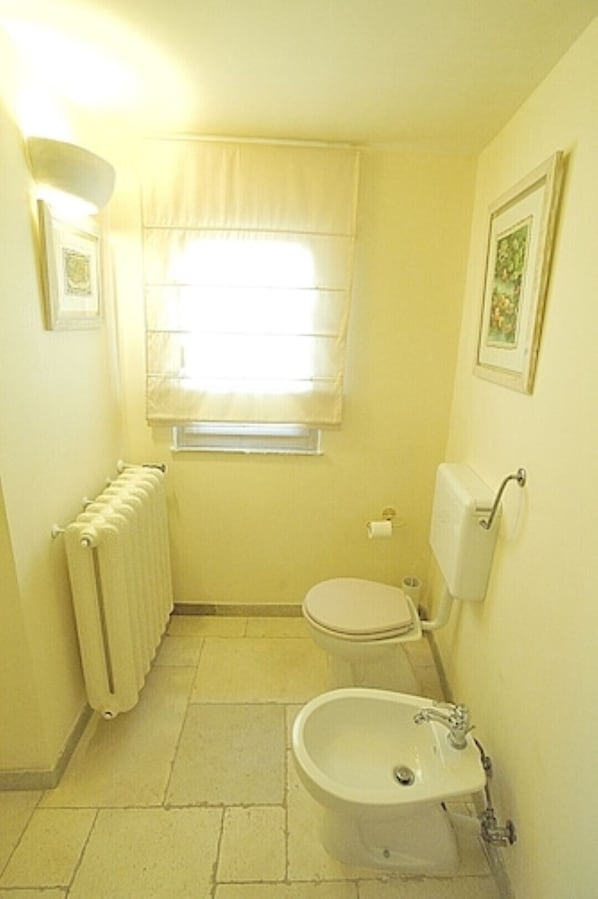 A small bathroom with a toilet, bidet, and radiator.