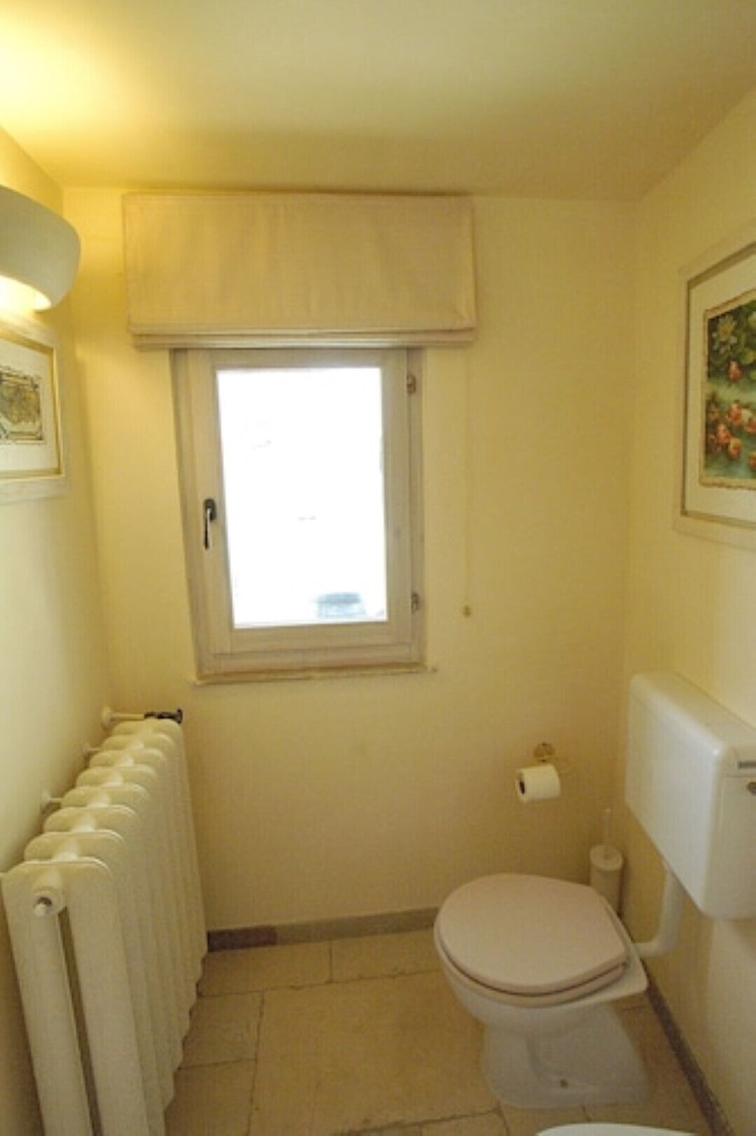 A small bathroom with a toilet, a radiator, a window, and a toilet paper holder.