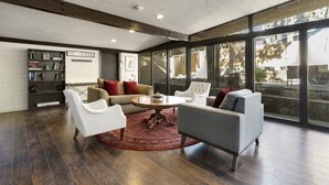 Un salon spacieux avec une grande fenêtre, une table basse ronde et une bibliothèque.