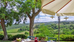 An outdoor dining table with chairs, a picnic setup, and a view of a lush landscape. - Baccelli by Interhome (Montaione)