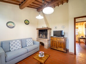 Una televisión, una chimenea