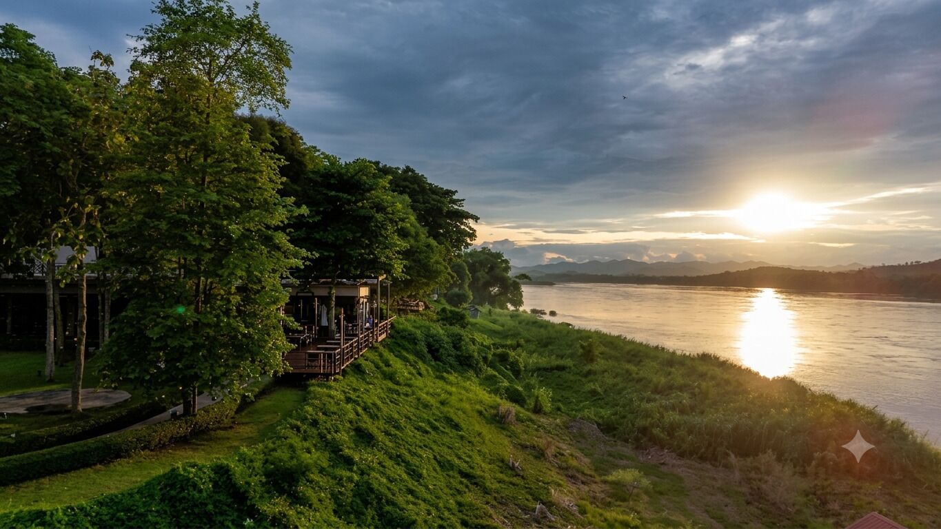 A riverside view with a wooden structure overlooking the water, surrounded by lush greenery.