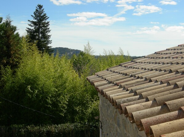 A building with a tiled roof, surrounded by lush greenery and hills in the background.