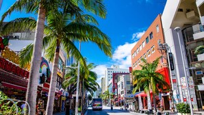 A street lined with palm trees and various shops, including a market and a building with a red awning. - Mr.KINJO in Kokusaidori (Naha)