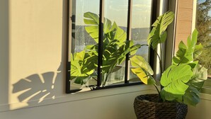 A potted plant with large green leaves on a small round table next to a window with vertical blinds.