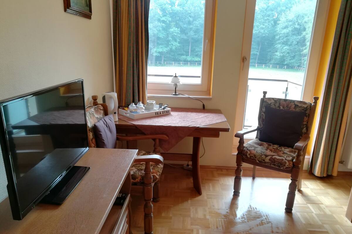 Um quarto aconchegante com uma escrivaninha de madeira, televisão, poltrona floral e uma janela com vista para árvores.