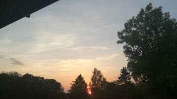 A sunset over a rural landscape with trees and a road.